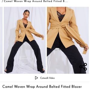 Camel Woven Wrap Around Belted Fitted Blazer
